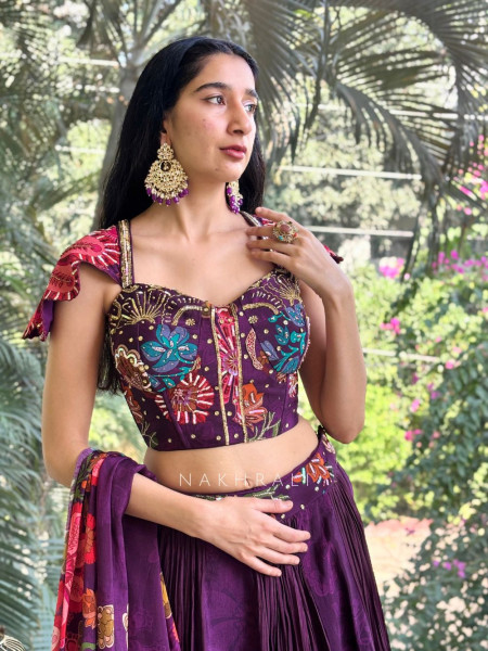 Mehar Wine Embroidered Lehenga Set with Floral Detailing