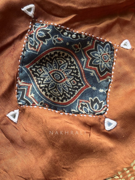 Kasha Brown Patchwork Zari Weave Saree with Running Blouse Piece