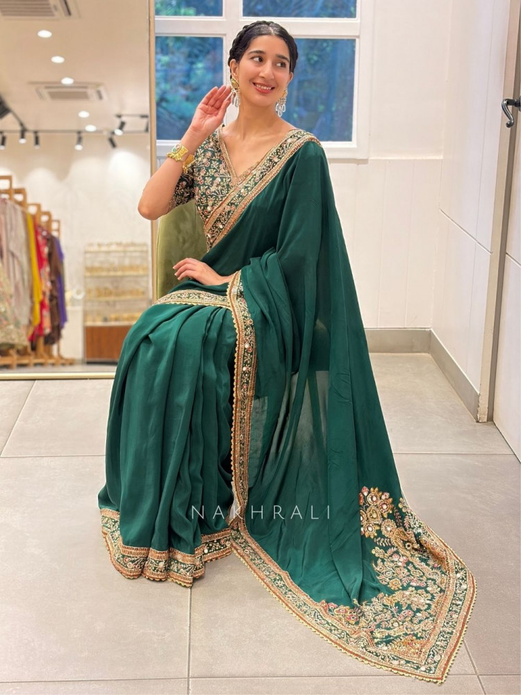 Image of Dhruvi Bottle Green Saree with Mirror Embroidery Border
