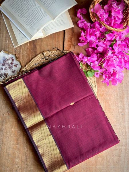 Maahishmati Wine dark Maheshwari Saree with Zari Border