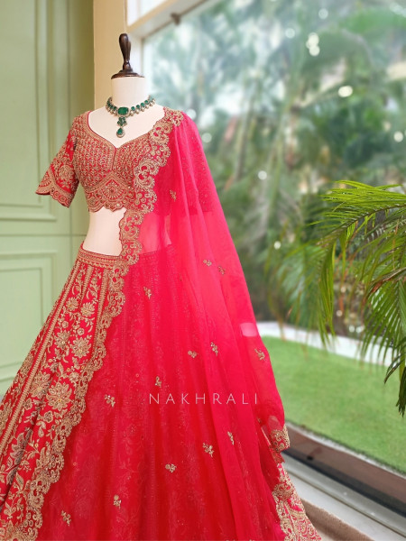 The Royal Vermilion Bridal Lehenga with Thread, Zari and Sequin Work