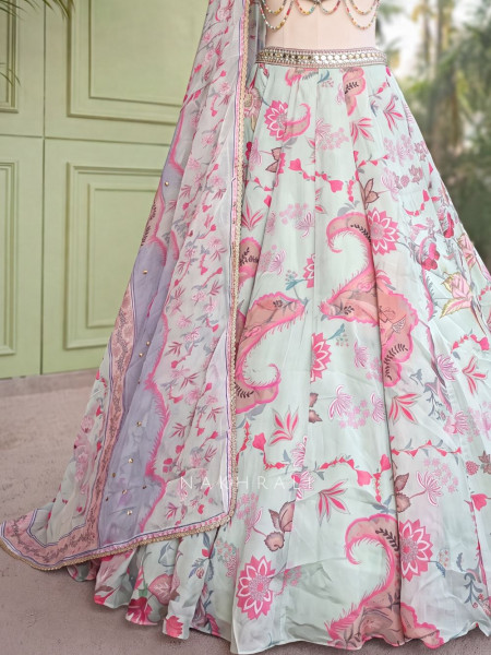 Gulnaar Firozi Organza Silk Lehenga Set with Floral Print & Beaded Corset Work