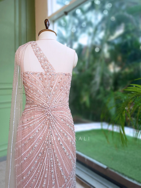 Serenique Light Pink Soft Net Mermaid Gown With Cutdana & Crystal Work
