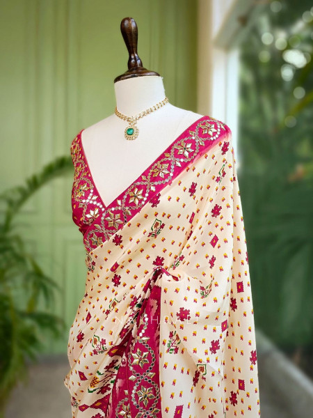 Aarunya Pink Printed Saree with Patti and Sequin Work