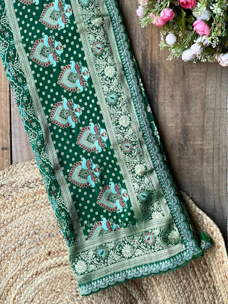Anant Bindu Green Bottel Bandhani Print Saree with Sequin Border