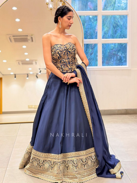 Astrid Navy Blue Corset Lehenga Set with Sequin Zari Work