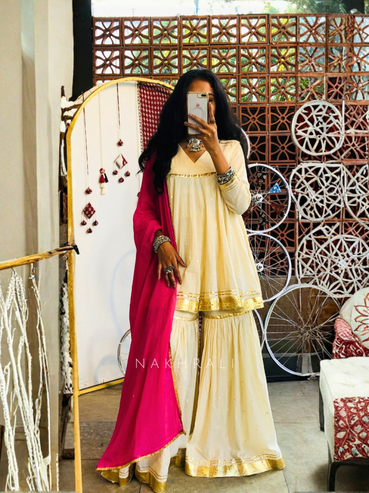 Image of Suhira Cream Cotton Palazzo Kurta Set with Dupatta