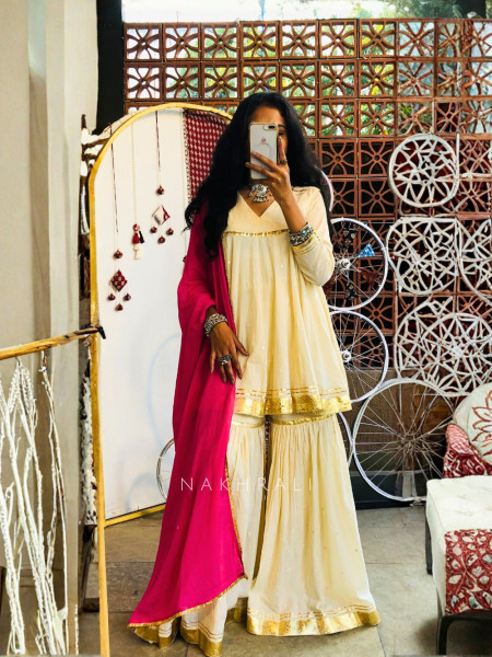 Suhira Cream Cotton Palazzo Kurta Set with Dupatta