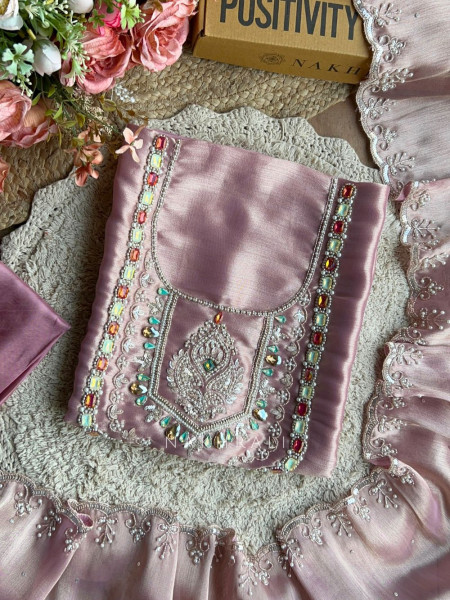 Ruvika Lavender Silk Dress Material with Stone Work