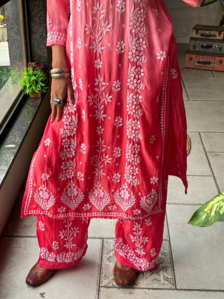 Chikra Magenta Lucknowi Pant Kurta Set with Chikankari Work