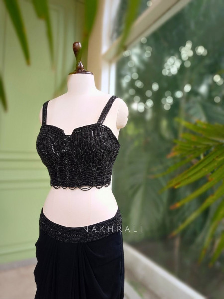 Neriah Black Indo-Western Crop Top Skirt Set with Beaded Cape