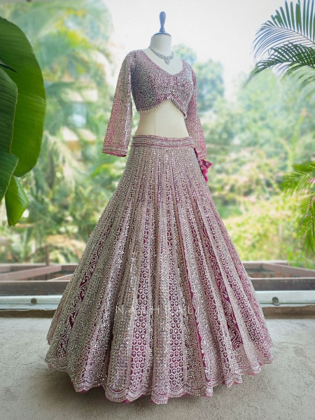 Rivarka Wine Mirror and Bead Embroidered Bridal Lehenga