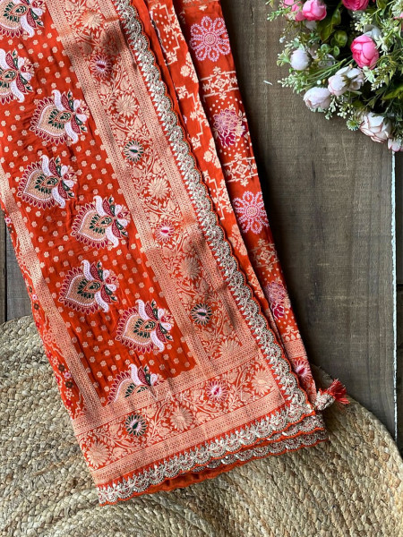 Anant Bindu Orange Bandhani Print Saree with Sequin Border