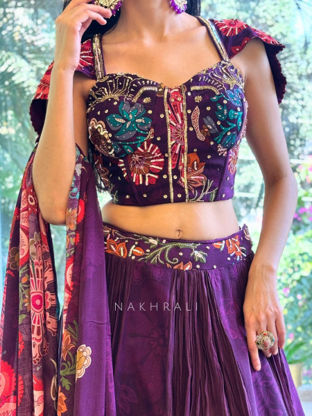 Mehar Wine Embroidered Lehenga Set with Floral Detailing