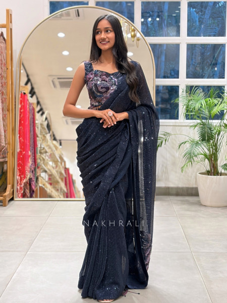 Samyra Blue Micro-Sequined Georgette Draped Saree with Readymade Blouse