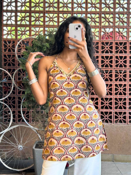 Nirvika Peach Cotton Short Kurti with Floral Print and Coin Lace Neck