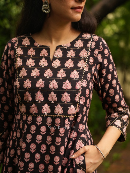 Roselume Black Cambric Cotton Midi Kurta Dress