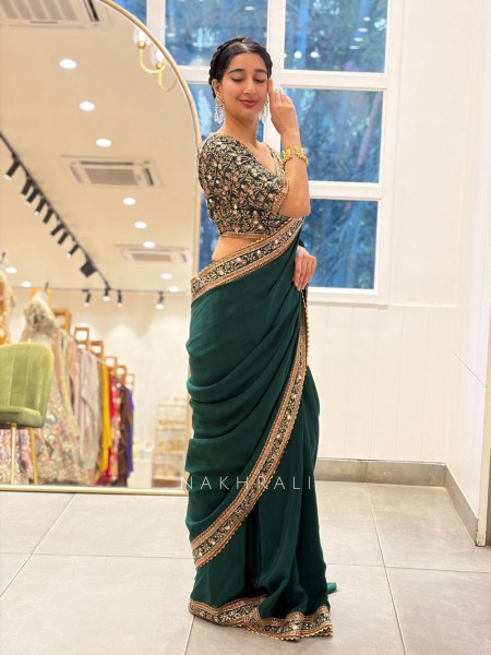 Dhruvi Bottle Green Saree with Mirror Embroidery Border