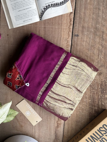 Kasha Wine Patchwork Zari Weave Saree with Running Blouse Piece