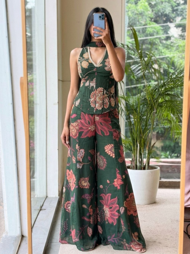 Image of Kamalika Green Georgette Indo-Western Palazzo Set