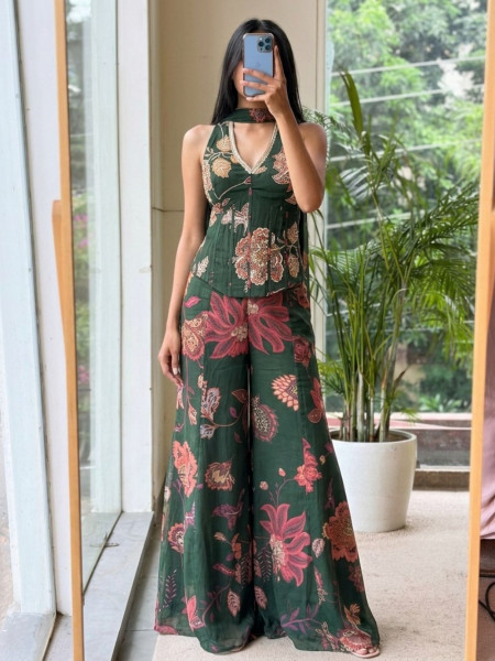 Kamalika Green Georgette Indo-Western Palazzo Set