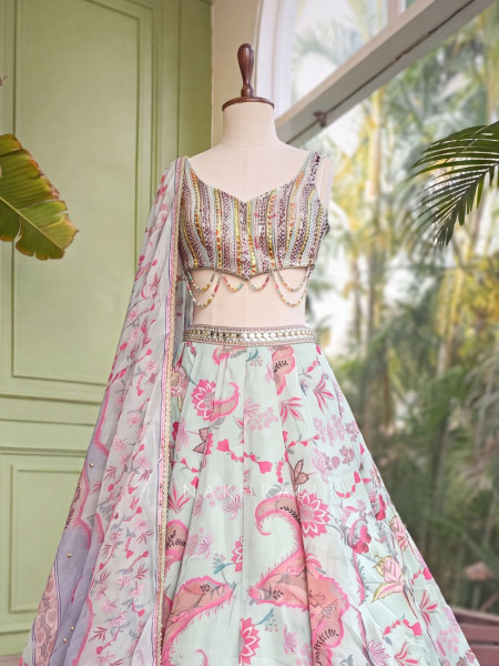 Gulnaar Firozi Organza Silk Lehenga Set with Floral Print & Beaded Corset Work