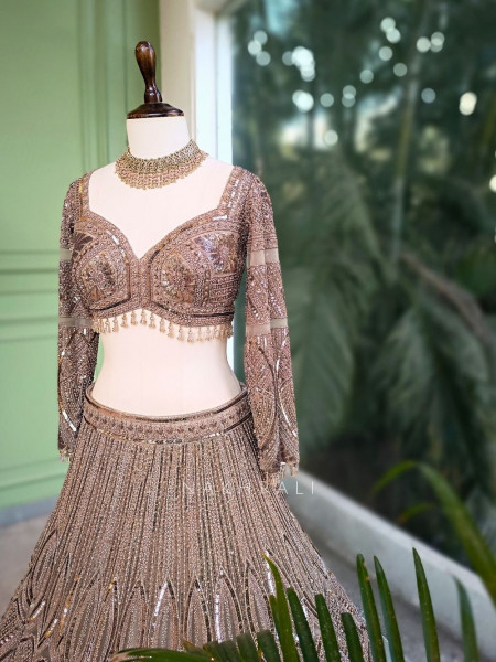 Evara Brown Zardozi Lehenga Set with Embroidered Dupatta