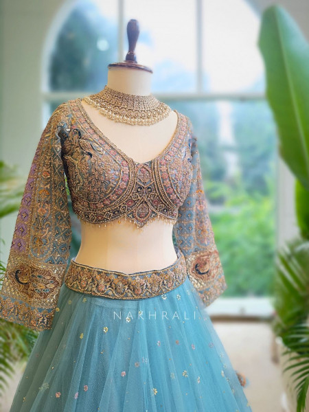 Aqua Grace Blue Net Lehenga with Embroidery & Zari Work