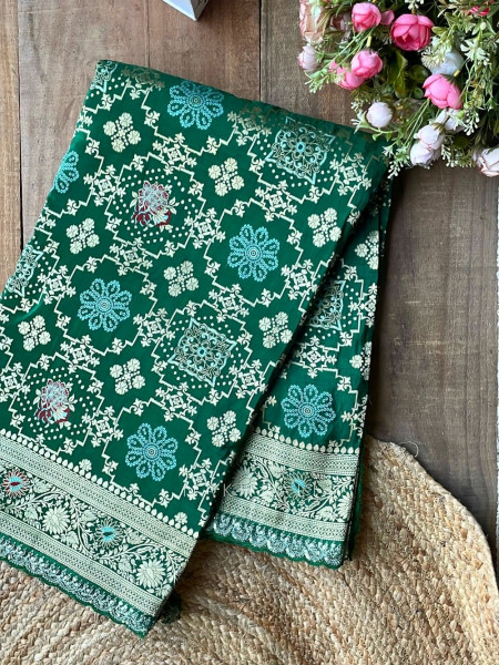 Anant Bindu Green Bottel Bandhani Print Saree with Sequin Border
