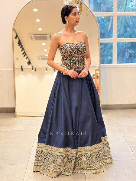 Astrid Navy Blue Corset Lehenga Set with Sequin Zari Work
