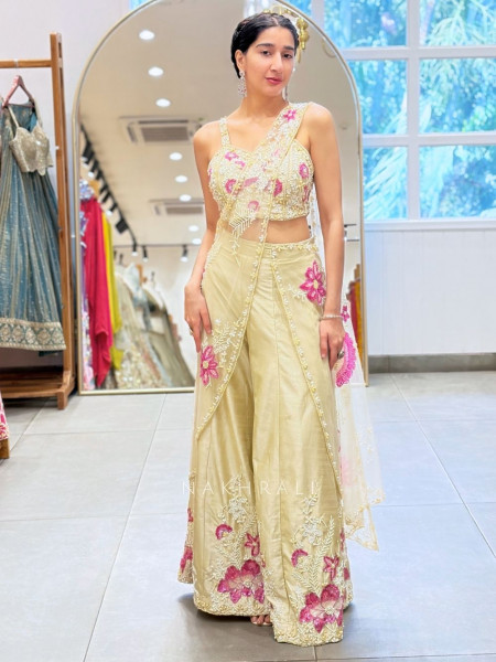 Cressa Cream Crop Top Palazzo Set with Floral Sequin Beads Pearl Work