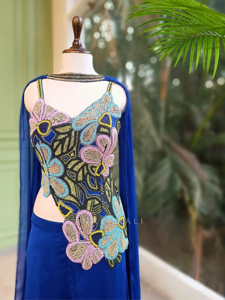 Yevira Blue Bead Embellished Crop Top Palazzo Set with Dupatta