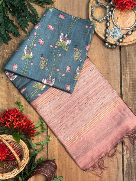 Chitrawali Blue Tussar Silk Saree with Pichwai Art