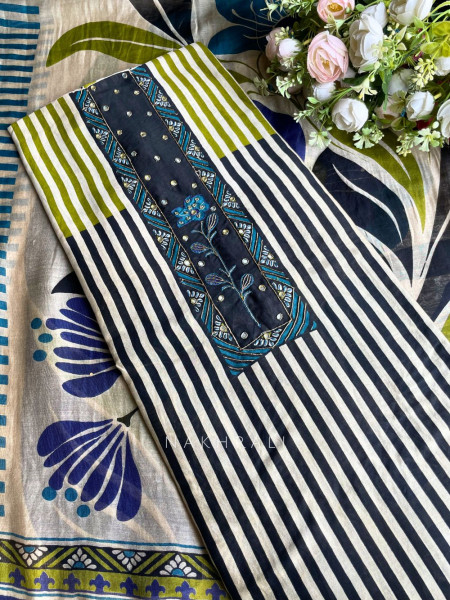 Cyriva Black Printed Dress Material with Embroidered Panel