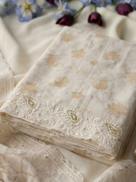 Roselune Cream Floral Printed Dress Material with Embroidered Border