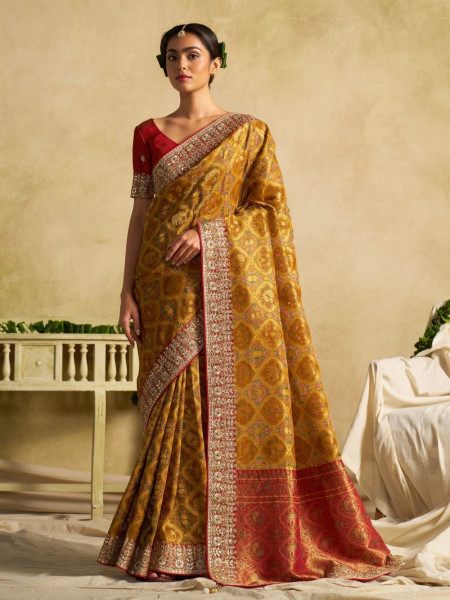 Amber Glow Mustard Dola Silk Saree with Zardozi Border