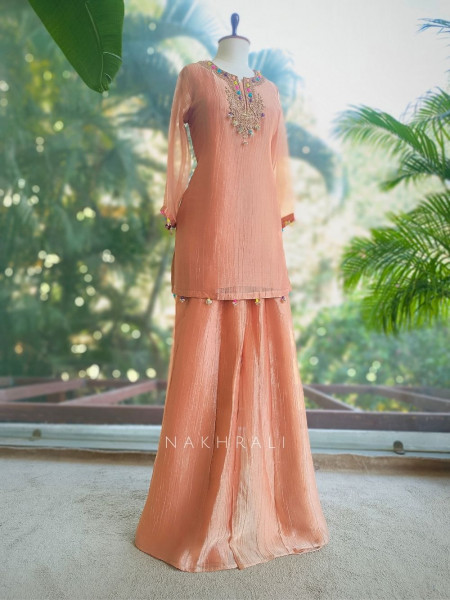 Meherza Peach Embroidered Kurta Sharara Set with Dupatta