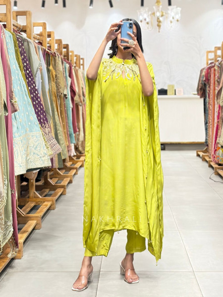 Parnika Parrot Green Kaftan Set with Sequin and Cut Dana Neck Collar Work