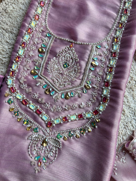 Ruvika Purple Silk Dress Material with Stone Work
