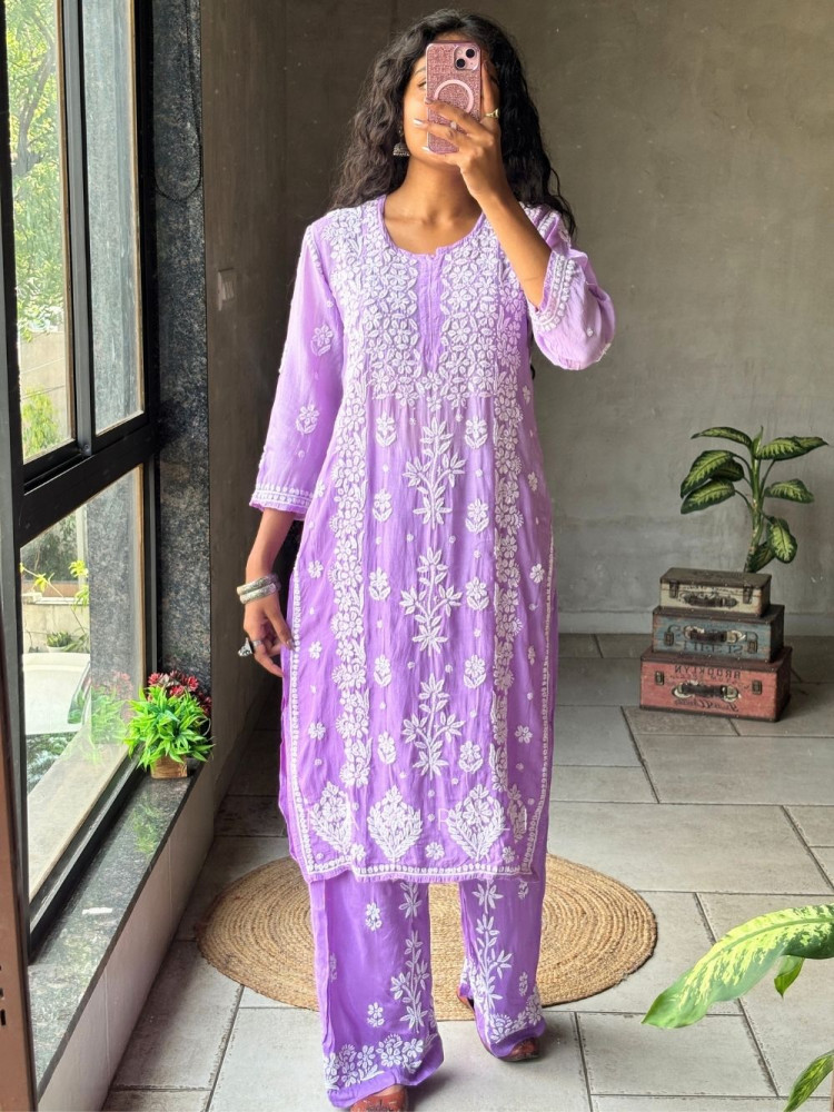 Image of Chikra Purple Lucknowi Pant Kurta Set with Chikankari Work