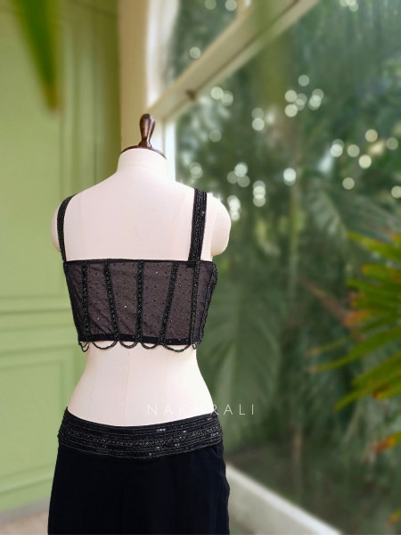 Neriah Black Indo-Western Crop Top Skirt Set with Beaded Cape