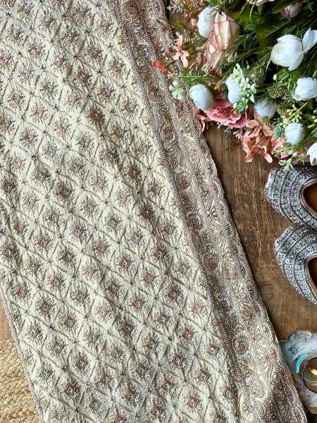 Kasturi Cream Zari Saree with Cut Dana Beads Work