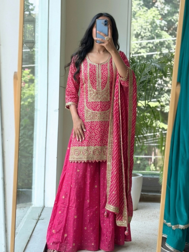 Image of Rani Mehrab Bandhani Magenta Sharara Set