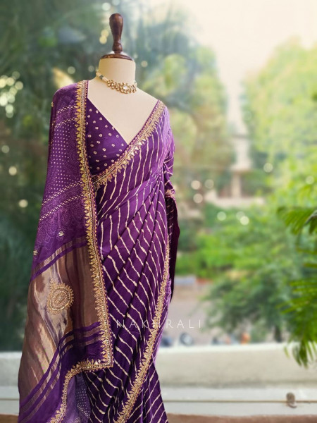 Gulnaar Purple Saree with Zari Bandhej Work