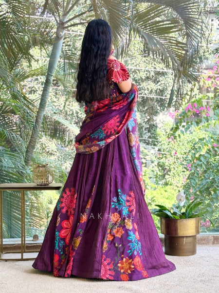 Mehar Wine Embroidered Lehenga Set with Floral Detailing