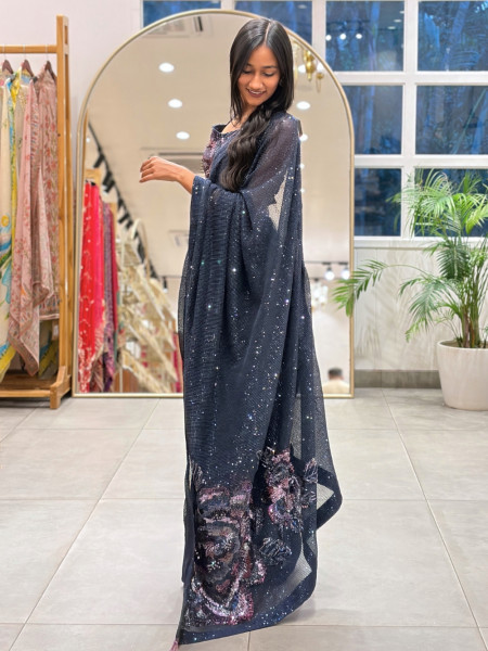 Samyra Blue Micro-Sequined Georgette Draped Saree with Readymade Blouse