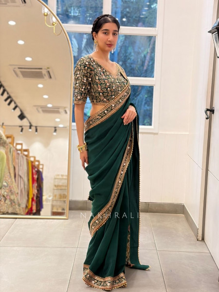 Dhruvi Bottle Green Saree with Mirror Embroidery Border