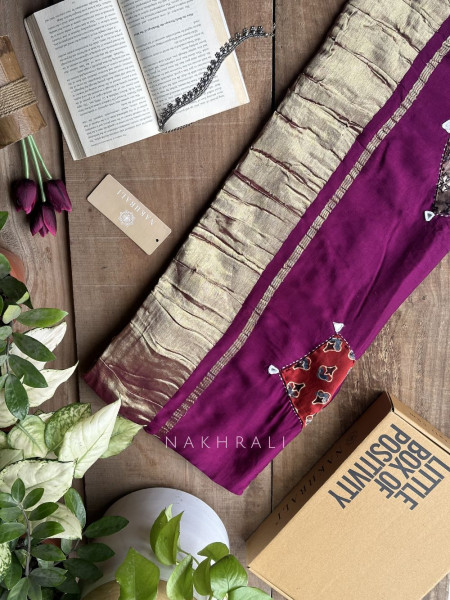 Kasha Wine Patchwork Zari Weave Saree with Running Blouse Piece