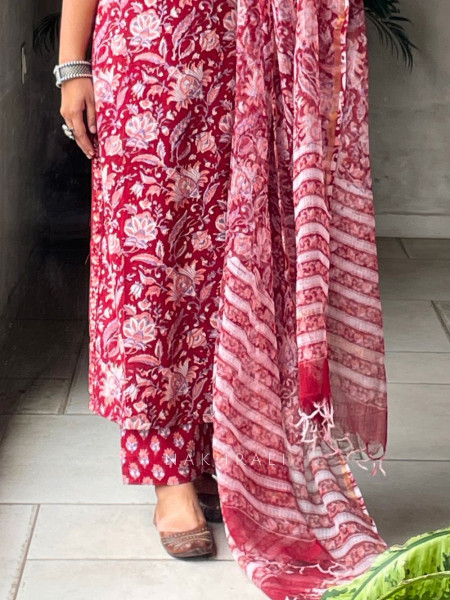 Ruby Bloom Red Cotton Suit Set with Block Print