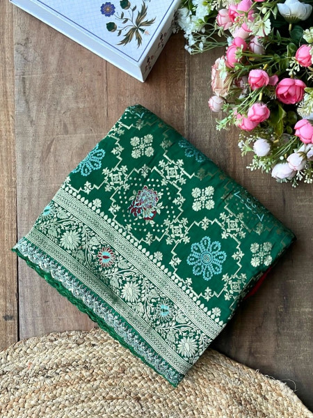 Anant Bindu Green Bottel Bandhani Print Saree with Sequin Border